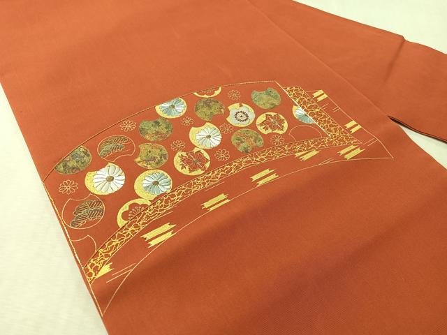 平和屋着物●塩瀬 九寸名古屋帯 駒刺繍 吉祥花丸文 金彩 正絹 逸品 CABL0321vp