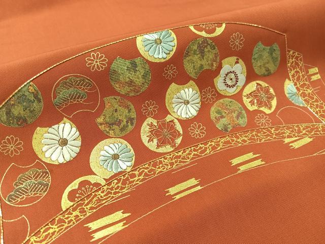 平和屋着物●塩瀬 九寸名古屋帯 駒刺繍 吉祥花丸文 金彩 正絹 逸品 CABL0321vp