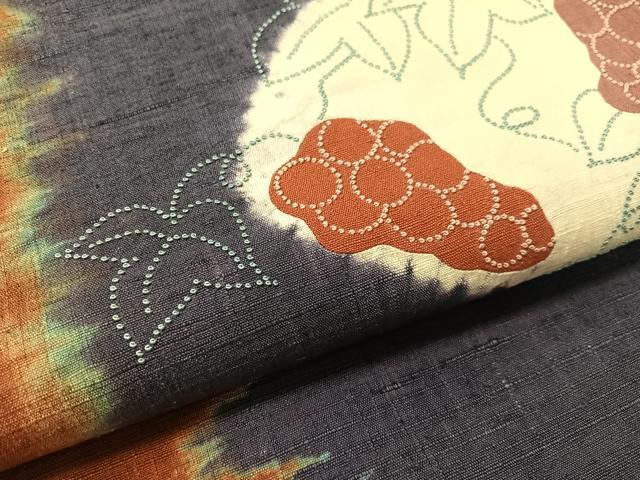 平和屋着物●中国三大刺繍 相良刺繍 九寸名古屋帯 紬地 絞り 葡萄蔦の葉文 正絹 逸品 CABL0329vp
