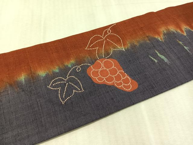 平和屋着物●中国三大刺繍 相良刺繍 九寸名古屋帯 紬地 絞り 葡萄蔦の葉文 正絹 逸品 CABL0329vp