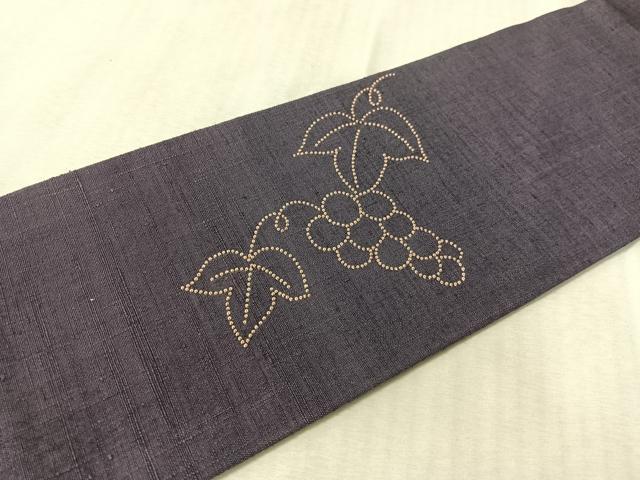 平和屋着物●中国三大刺繍 相良刺繍 九寸名古屋帯 紬地 絞り 葡萄蔦の葉文 正絹 逸品 CABL0329vp