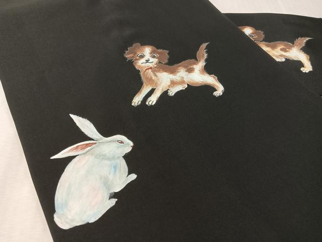 平和屋着物●創作 九寸名古屋帯 手描き 犬 兎 黒地 正絹 逸品 未使用 CABL0341vp