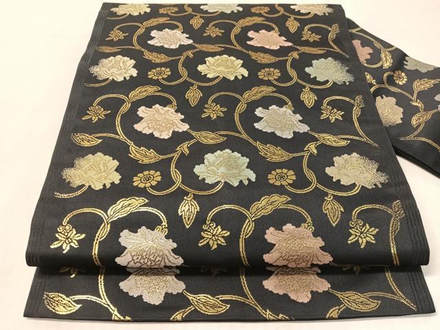 平和屋着物●九寸名古屋帯 牡丹唐草文 金糸 正絹 逸品 CABL0342vp