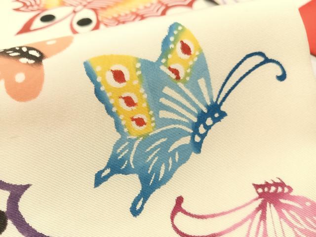 平和屋着物●塩瀬 九寸名古屋帯 本場琉球紅型 舞蝶文 正絹 逸品 CABL0343vp