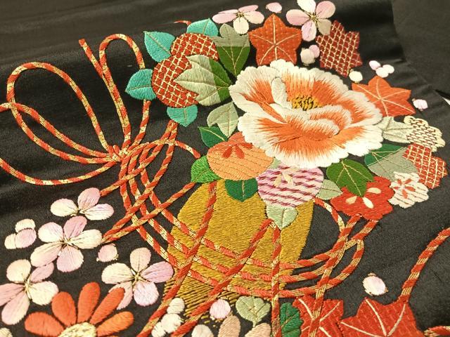 平和屋着物●アンティーク 大正ロマン 総手刺繍 九寸名古屋帯 駒刺繍 束ね花文 黒地 金糸 正絹 逸品 CABL0357vp