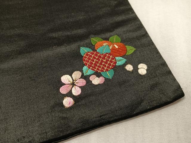 平和屋着物●アンティーク 大正ロマン 総手刺繍 九寸名古屋帯 駒刺繍 束ね花文 黒地 金糸 正絹 逸品 CABL0357vp