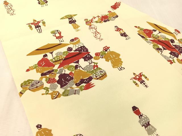 平和屋着物●塩瀬 九寸名古屋帯 作家物 型染め 人物風景文 正絹 逸品 CABL0363vp