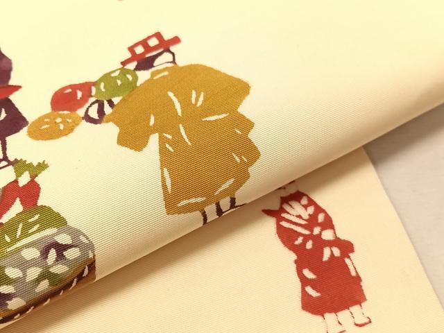 平和屋着物●塩瀬 九寸名古屋帯 作家物 型染め 人物風景文 正絹 逸品 CABL0363vp