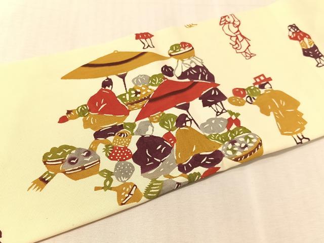 平和屋着物●塩瀬 九寸名古屋帯 作家物 型染め 人物風景文 正絹 逸品 CABL0363vp