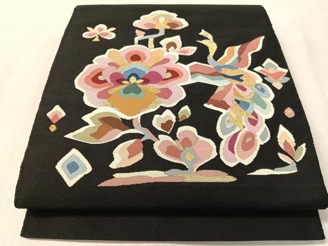 平和屋着物●爪掻き本綴れ 八寸名古屋帯 飛鳥花文 黒地 金銀糸 正絹 逸品 CABL0370vp