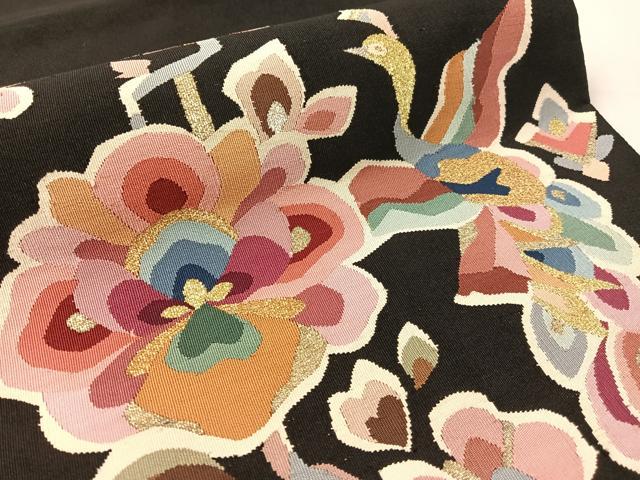 平和屋着物●爪掻き本綴れ 八寸名古屋帯 飛鳥花文 黒地 金銀糸 正絹 逸品 CABL0370vp