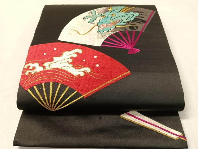 平和屋着物●アンティーク 大正ロマン 総手刺繍 九寸開き名古屋帯 扇面雲龍文 黒地 金銀糸 正絹 逸品 CABL0376vp
