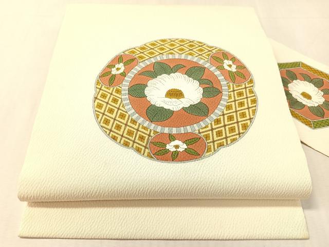 平和屋着物●銀座きしや 九寸名古屋帯 手描き 椿絵皿文 正絹 逸品 CABL0378vp