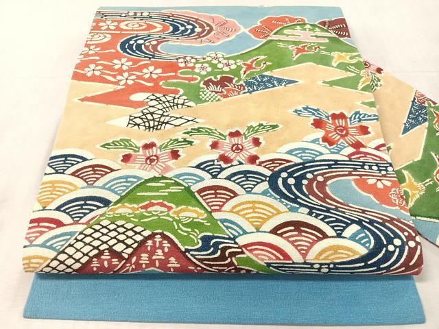 平和屋着物●九寸名古屋帯 型染め 飛鶴風景花文 正絹 逸品 CABL0397vp