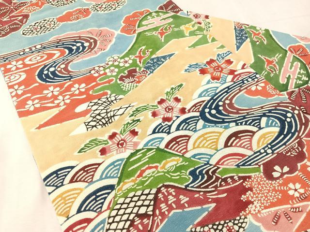 平和屋着物●九寸名古屋帯 型染め 飛鶴風景花文 正絹 逸品 CABL0397vp