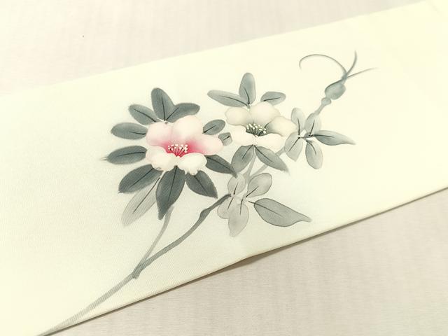 平和屋着物●塩瀬 九寸名古屋帯 作家物 手描き 枝花文 金彩 正絹 逸品 CABL0399vp
