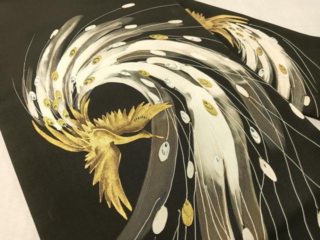 平和屋着物●塩瀬 九寸名古屋帯 ろうけつ染め 尾長鳥 黒地 金彩 正絹 逸品 CABL0400vp