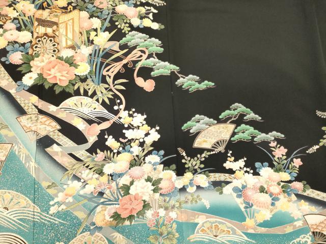 平和屋着物■豪華黒留袖 御所車草花文 暈し染め 銀彩 正絹 逸品 CABL0478oy