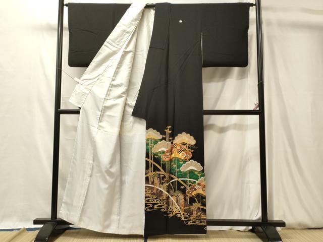 平和屋着物■豪華黒留袖 駒刺繍 流水松文 藤花房 正絹 逸品 CABL0492oy