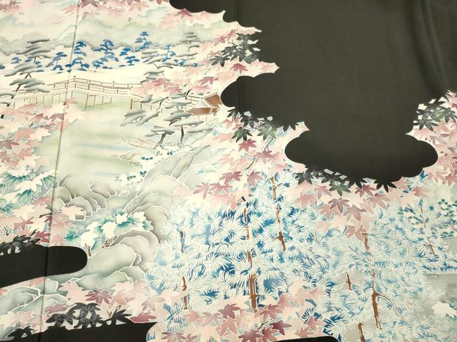平和屋着物■豪華黒留袖 渡り橋草木松文 正絹 逸品 CABL0494oy