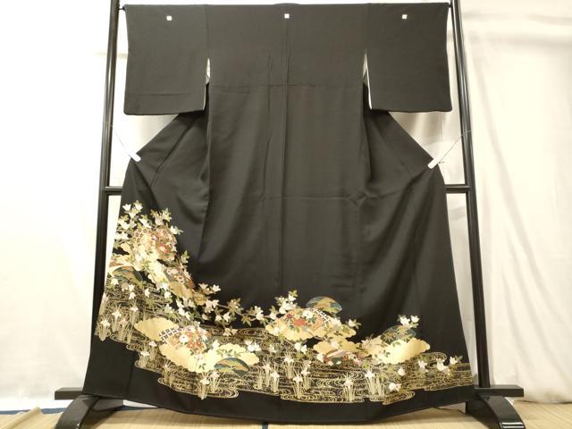 平和屋着物■豪華黒留袖 流水地紙花文 金銀彩 正絹 逸品 CABL0512oy