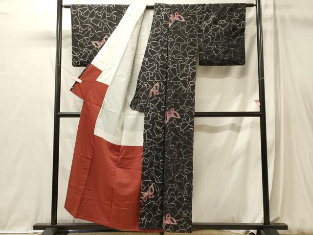 平和屋着物■上質な小紋 紬地 一珍染 舞蝶文 黒地 正絹 逸品 CABL0583oy