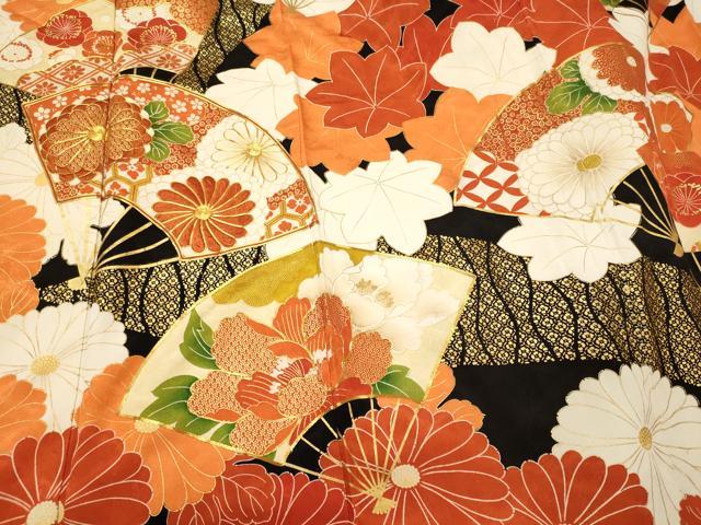 平和屋着物■豪華振袖 駒刺繍 扇面吉祥花文 黒地 金彩 正絹 逸品 CABL0688oy