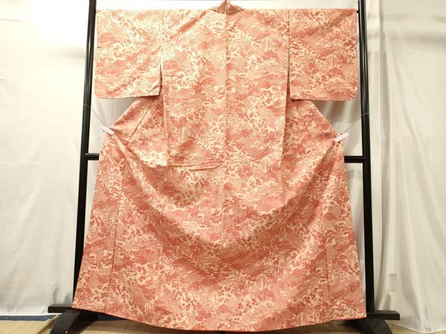 平和屋着物■上質な小紋 紬地 型染め 風景立波草花文 正絹 逸品 CABL0767oy