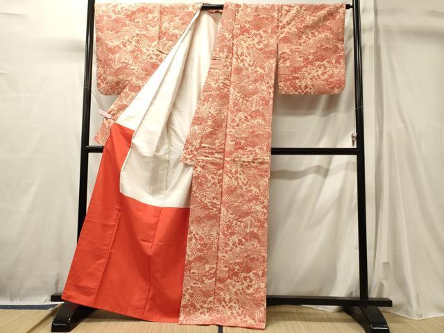 平和屋着物■上質な小紋 紬地 型染め 風景立波草花文 正絹 逸品 CABL0767oy