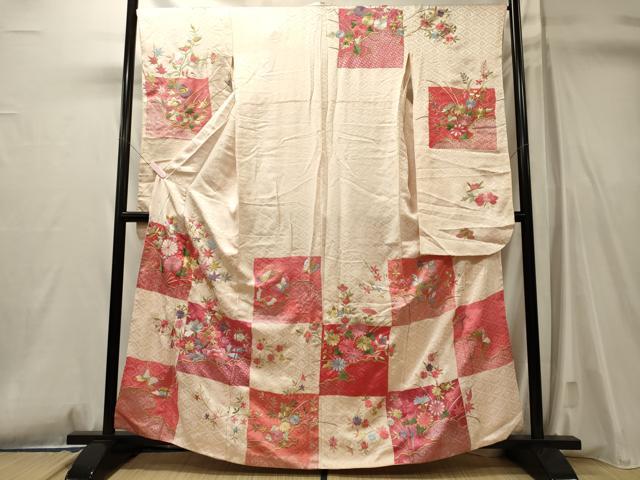 平和屋着物■豪華振袖 刺繍 市松草花文 金銀彩 正絹 逸品 CABL0791oy