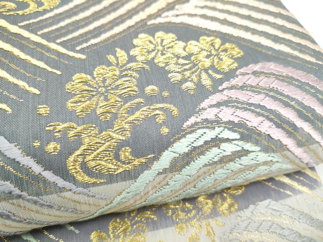 平和屋着物●六通柄袋帯 唐織 草木染 流水舞桜文 金糸 正絹 逸品 CABL0804hy