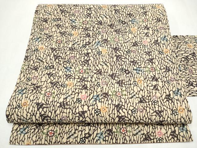 平和屋着物●全通柄 九寸名古屋帯 本場琉球紅型 紬地 花鳥文 正絹 逸品 CABL0813hy