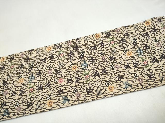 平和屋着物●全通柄 九寸名古屋帯 本場琉球紅型 紬地 花鳥文 正絹 逸品 CABL0813hy