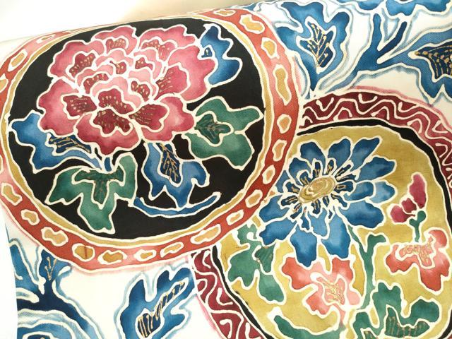 平和屋着物●アンティーク 大正ロマン 九寸名古屋帯 ろうけつ染 絵皿花文 金彩 正絹 逸品 CABL0817hy
