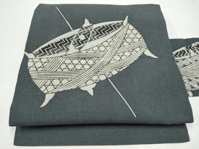 平和屋着物●九寸名古屋帯 型染め 糸巻き 正絹 逸品 CABL0818hy