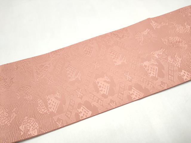 平和屋着物●全通柄 九寸名古屋帯 綴れ 名物裂 珊瑚色 正絹 逸品 CABL0821hy