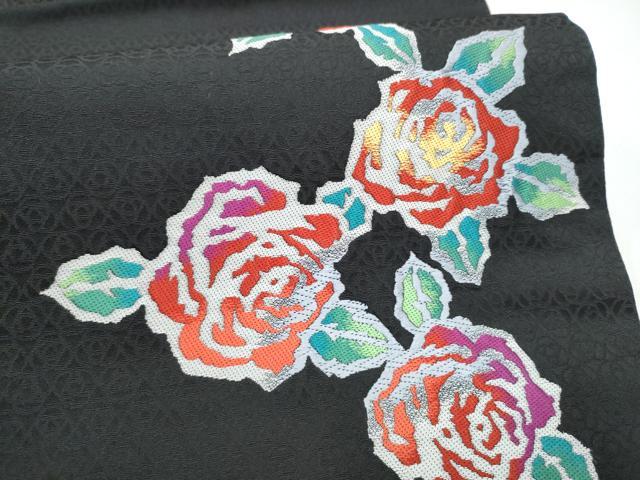 平和屋着物●九寸開き名古屋帯 薔薇 黒地 正絹 逸品 CABL0829hy