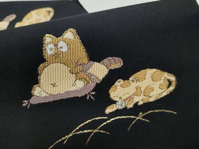 平和屋着物●九寸名古屋帯 兎 猫 狸 黒地 金銀糸 正絹 逸品 CABL0833hy