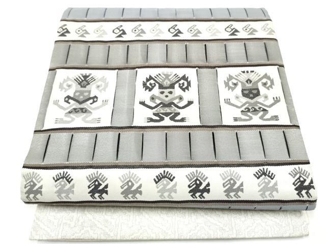 平和屋着物●太鼓柄袋帯 神人文様綴織 銀通し地 正絹 逸品 CABL0840hy