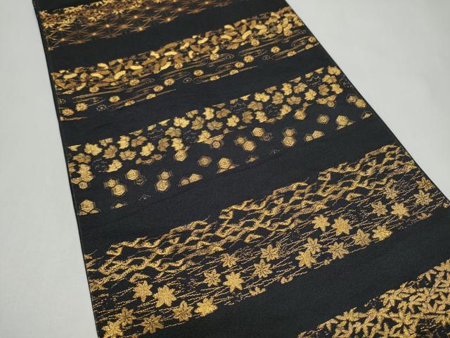 平和屋着物●全通柄 本袋帯 横段吉祥花文 黒地 金糸 正絹 逸品 CABL0844hy