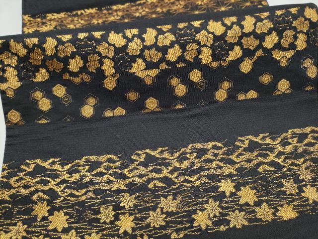 平和屋着物●全通柄 本袋帯 横段吉祥花文 黒地 金糸 正絹 逸品 CABL0844hy