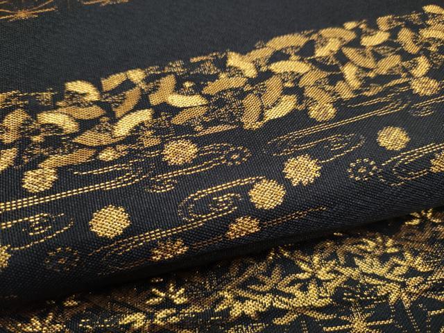 平和屋着物●全通柄 本袋帯 横段吉祥花文 黒地 金糸 正絹 逸品 CABL0844hy