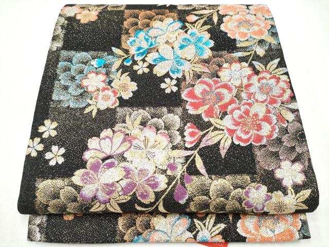 平和屋着物●六通柄袋帯 市松舞桜文 金糸 正絹 逸品 CABL0867hy