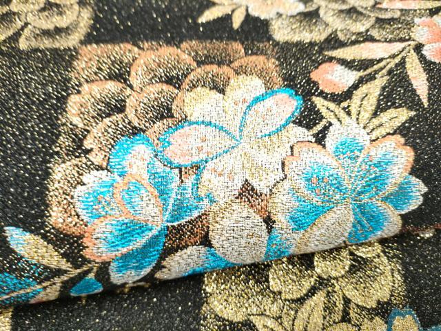 平和屋着物●六通柄袋帯 市松舞桜文 金糸 正絹 逸品 CABL0867hy