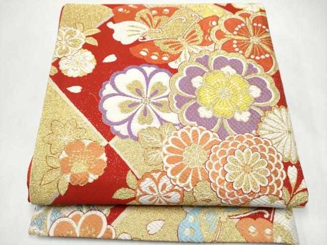 平和屋着物●六通柄袋帯 唐織 花蝶文 金糸 正絹 逸品 CABL0881hy