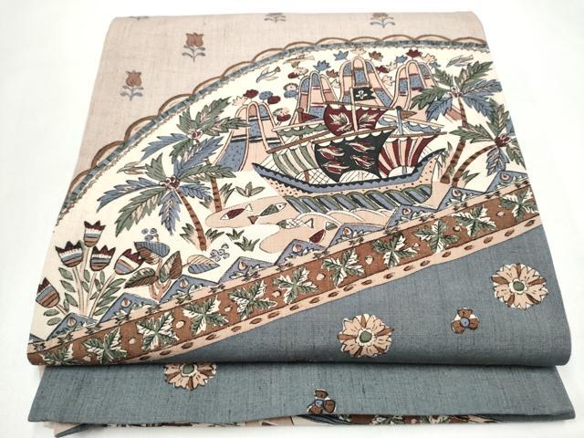 平和屋着物●太鼓柄袋帯 紬地 魚 風景文 正絹 逸品 CABL0893hy