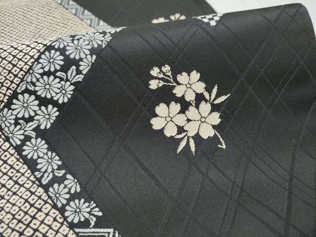 平和屋着物●六通柄袋帯 幾何学舞花文 黒地 正絹 逸品 CABL0894hy
