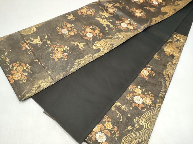平和屋着物●銀座きしや 六通柄袋帯 黒金杢地花鳥流水 金糸 共箱・たとう紙付き 正絹 逸品 CABL0913hy