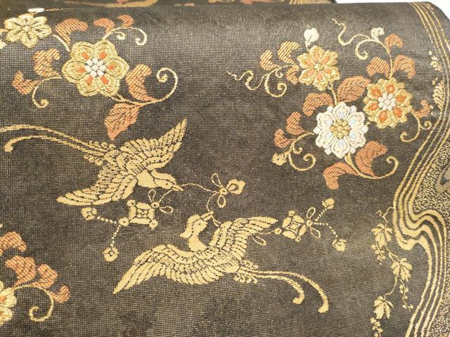 平和屋着物●銀座きしや 六通柄袋帯 黒金杢地花鳥流水 金糸 共箱・たとう紙付き 正絹 逸品 CABL0913hy