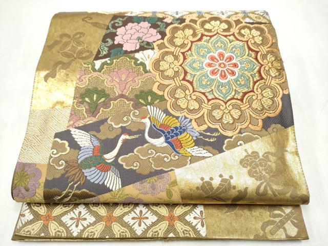 平和屋着物●六通柄袋帯 唐織 麗華扇形文 金糸 引箔 正絹 逸品 CABL0922hy